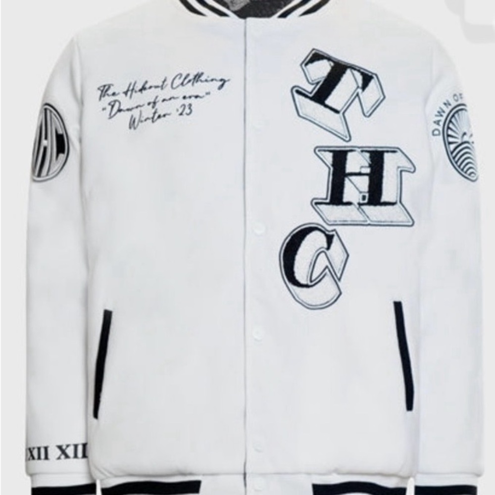The Hideout clothing White Varsity Jacket with Black Trim